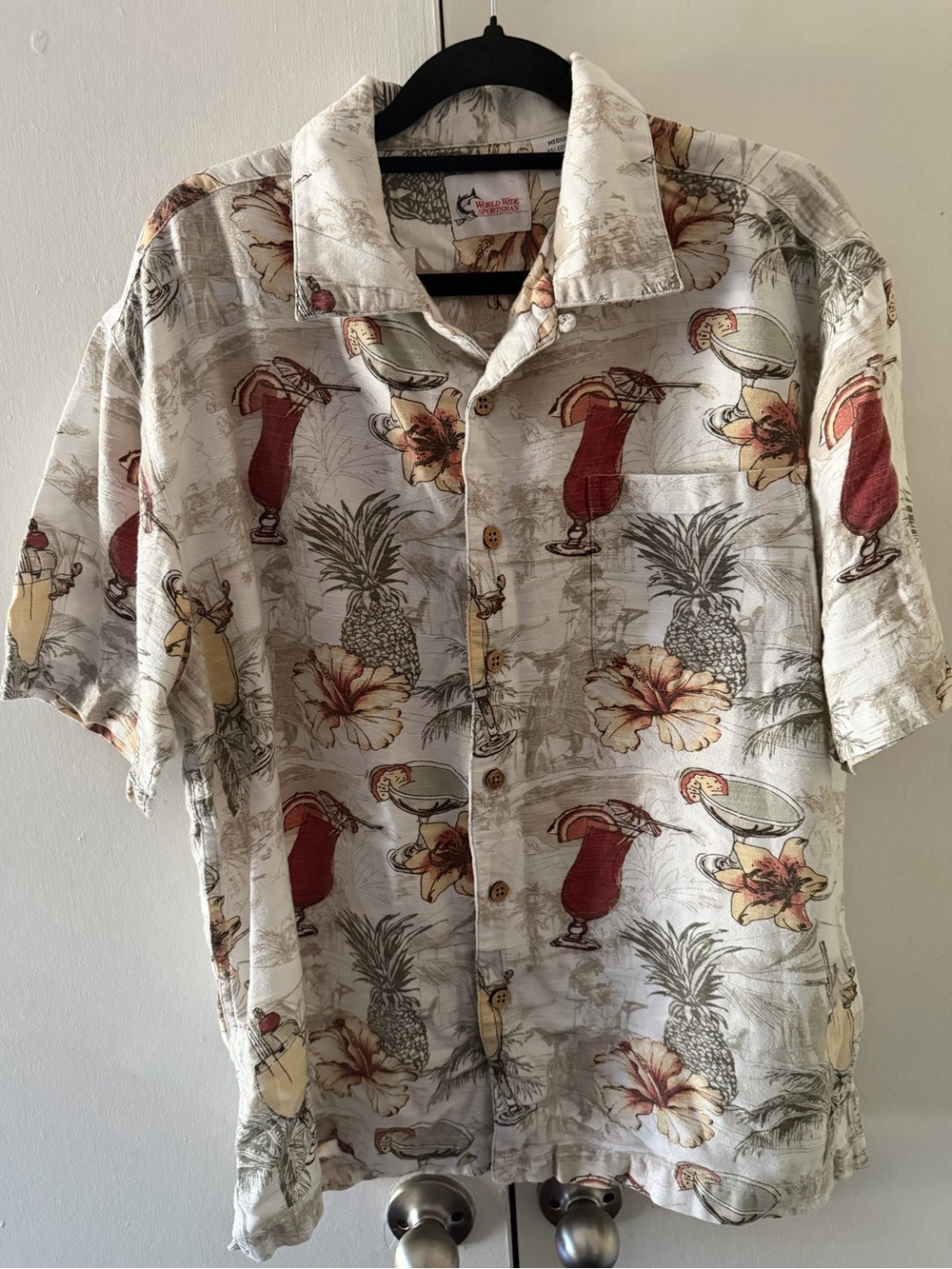 Tropical Cocktail Print Short-Sleeve Shirt - White/Beige